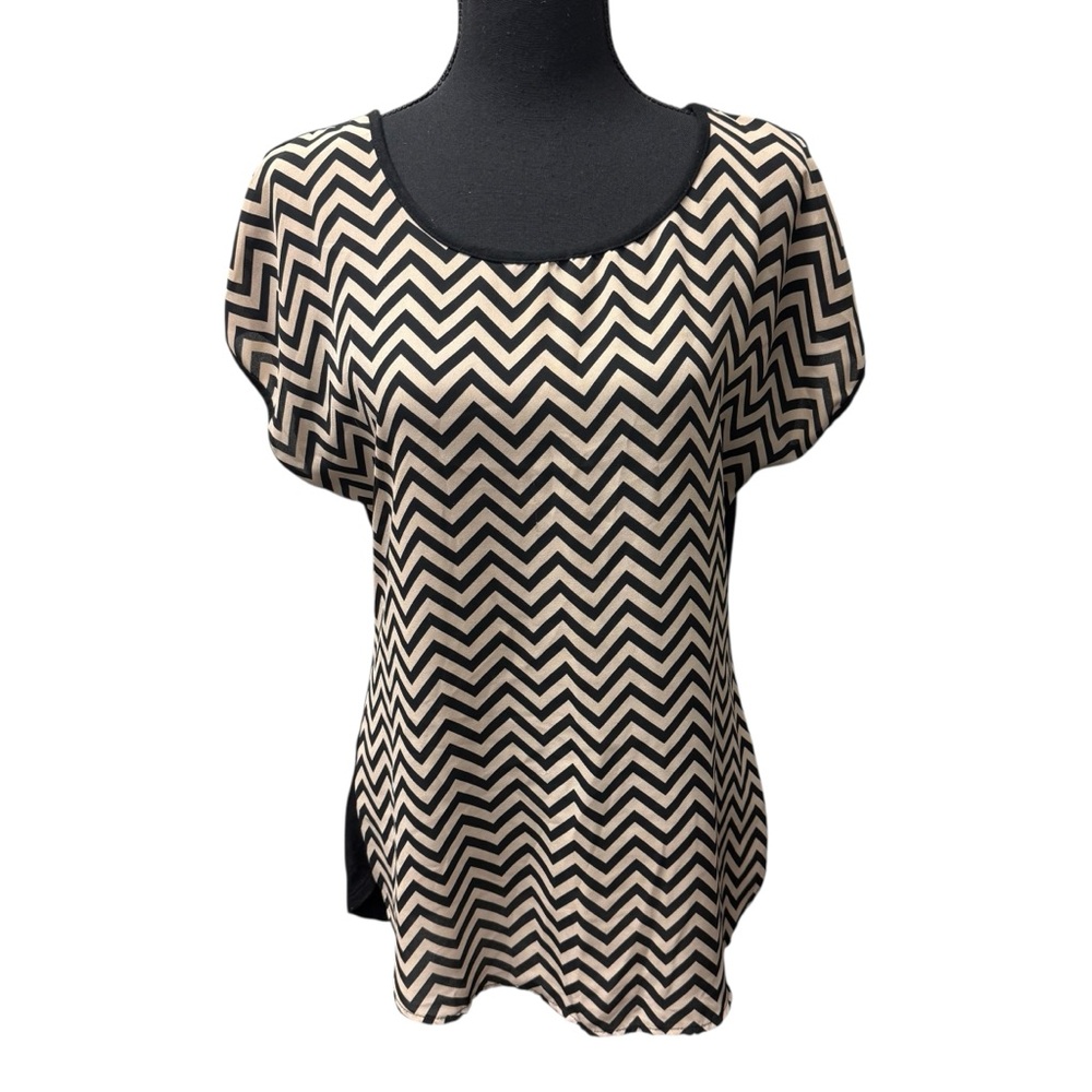 Espresso Black Tan Chevron Print Chiffon Blouse Medium